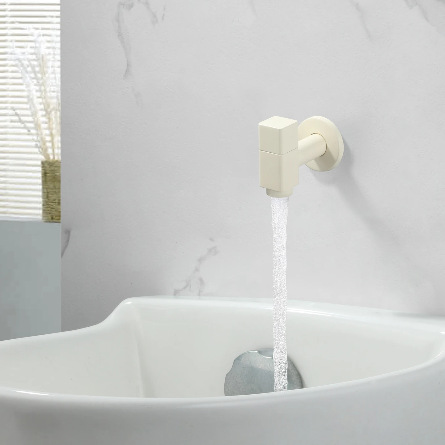 

Wall Mounted One Handle Lavatory Basin Sink Faucet Single Cold Washing Machine Taps 1 Hole Bathroom Sink Faucet White