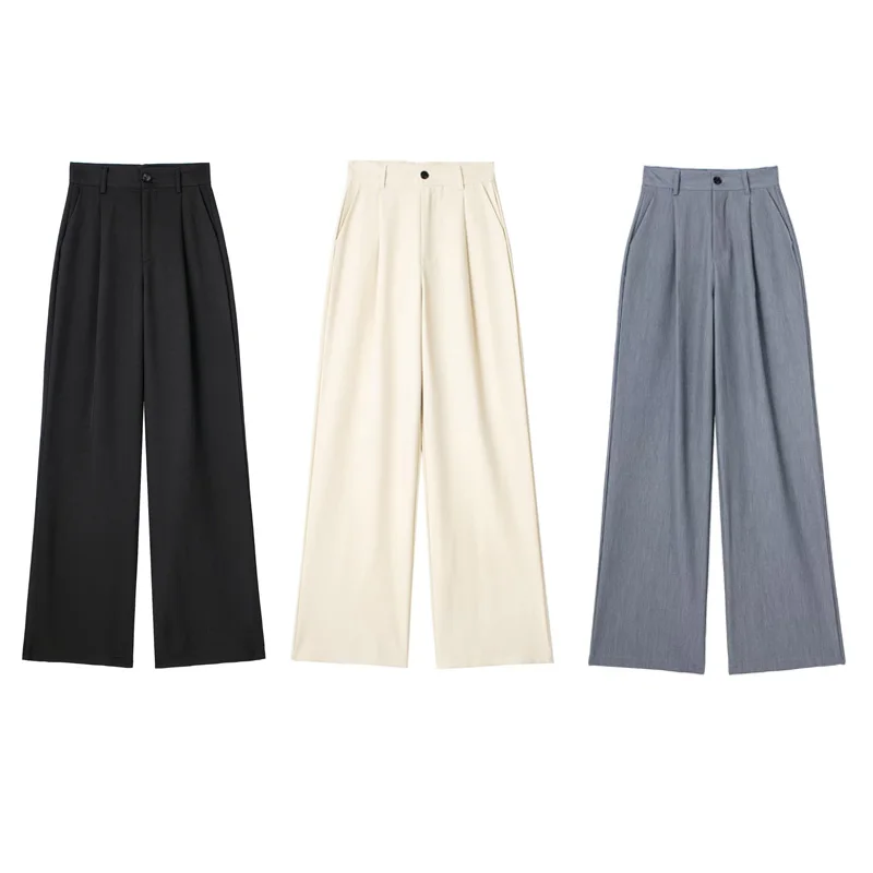 TRAF Women 2024 Wide leg Pants Baggy High Waist Pants Women\'s Wide Trousers Black Office wear Wide Pants Woman Autumn Trousers