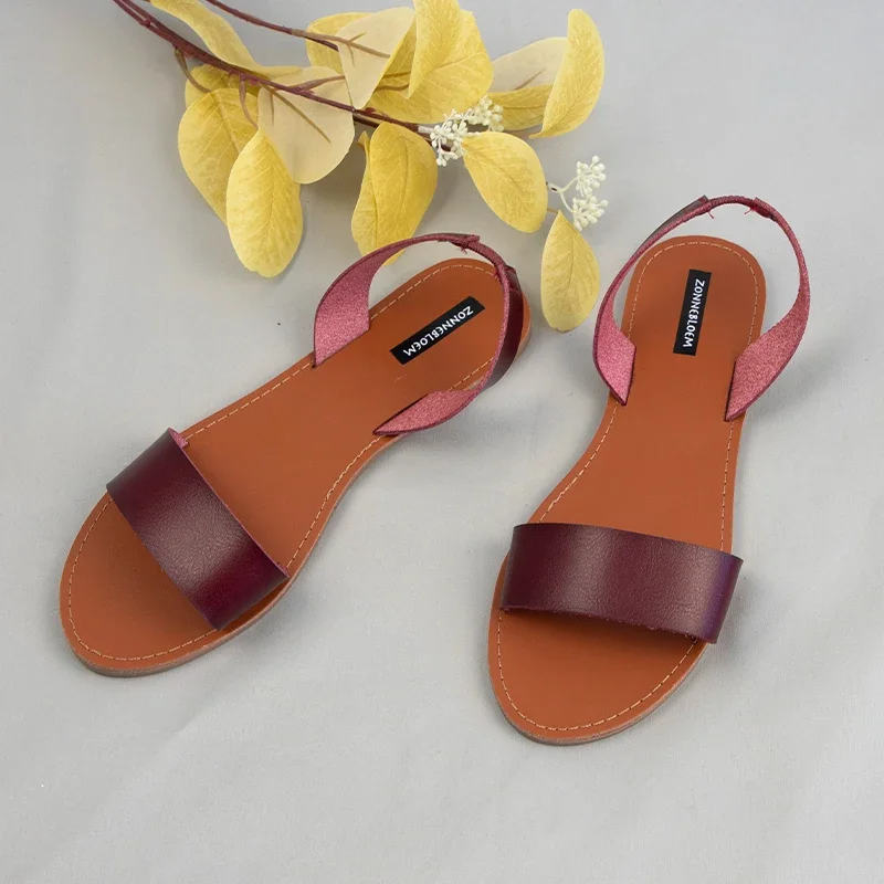 Sandals Women for 2024 Summer Beach Shoes High Quality Leather  Woman Flat Style Back Strap Brand Ladies Shallow Footwear