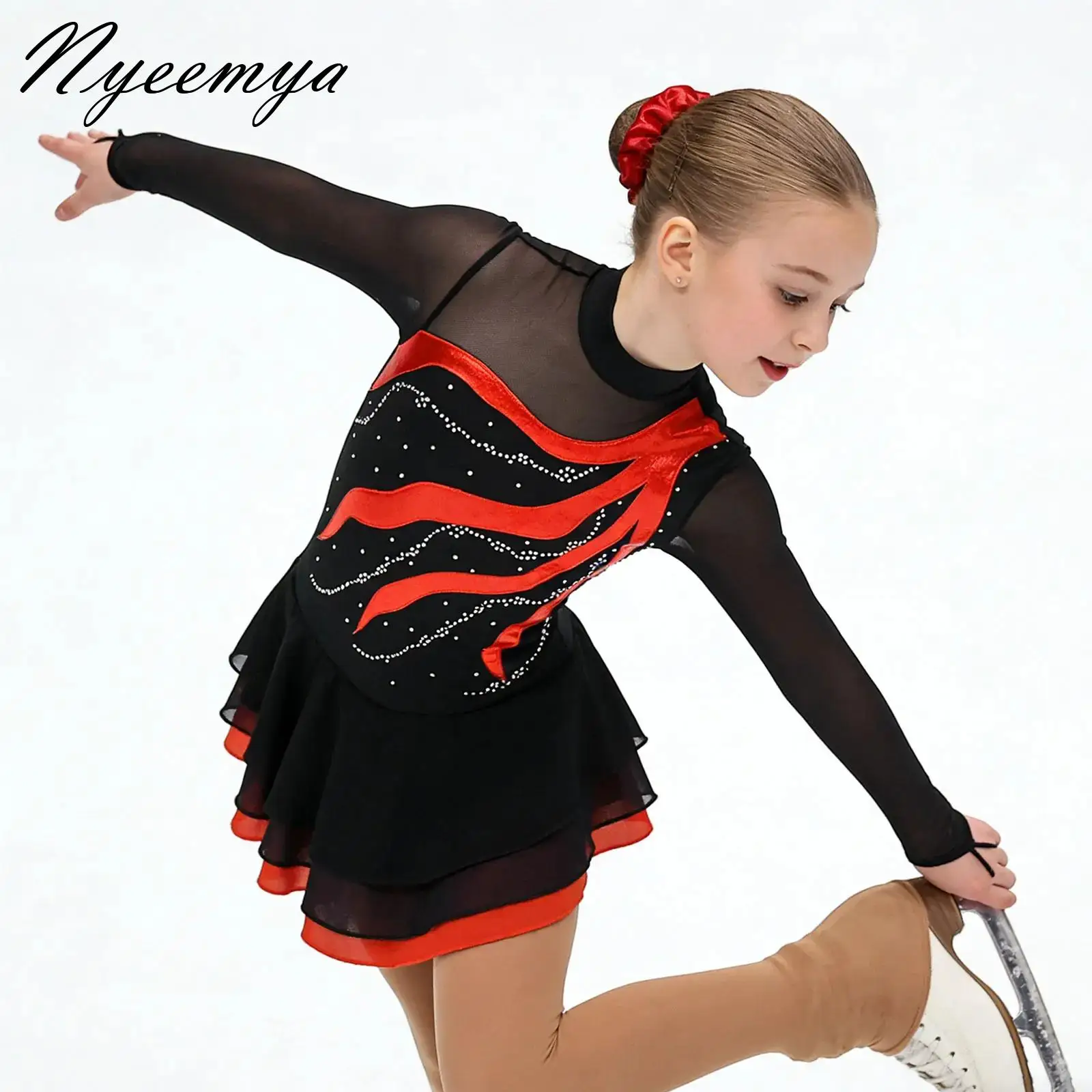 

Kids Girls Rhinestone Ballet Tutu Dance Dresses Gymnastics Leotards Performance Costume Figure Ice Skating Dress with Hair Band