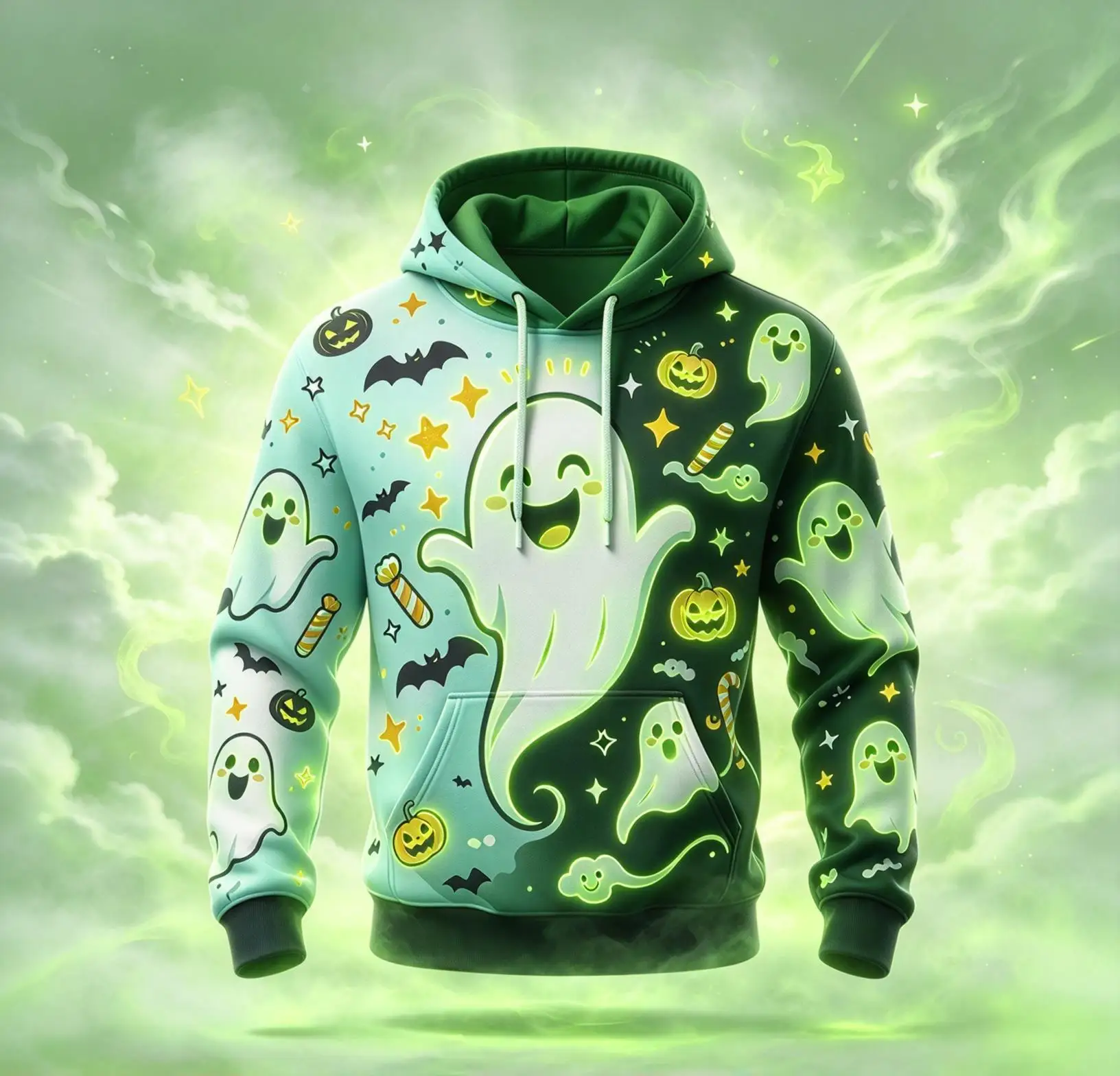 Men Halloween Cute Ghost Fleece Hoodie, Pumpkin Bat Star Candy Graphic Winter Sweatshirt