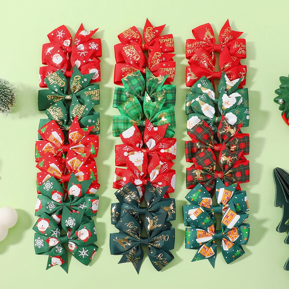 

4pcs/set Festive Christmas Ribbon Bows Hair Clips 3.15'' for Baby Girls Santa & Snowflake Print Holiday Gift Hair Accessories