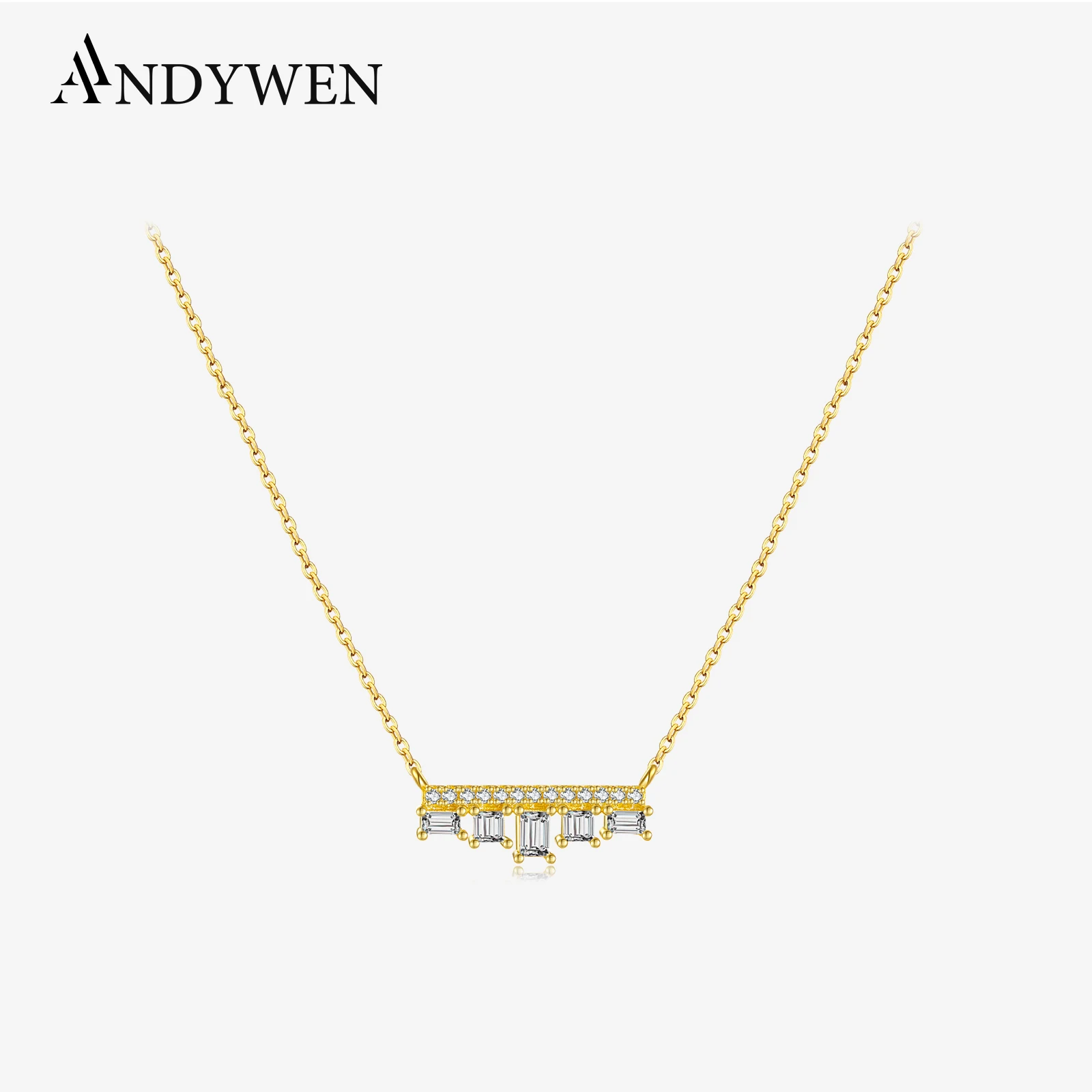 

ANDYWEN 925 Sterling Silver Geometric Charm Baguette Zircon CZ Long Chain Necklace Luxury Gift Fashion Winter Fine Jewelry