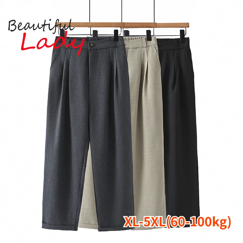 

Plus Size Women Clothing Feminino Suit Pants Women High Waist Elegant Black Trousers Gray Pants 3XL 4XL 5XL Loose Straight Pants