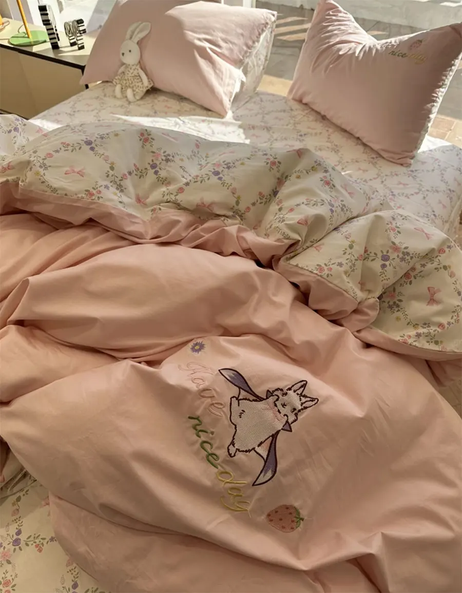 

Cute cartton embroidery rabbit pink bedding set,twin full queen flower cotton home textile bed sheet pillow case quilt cover