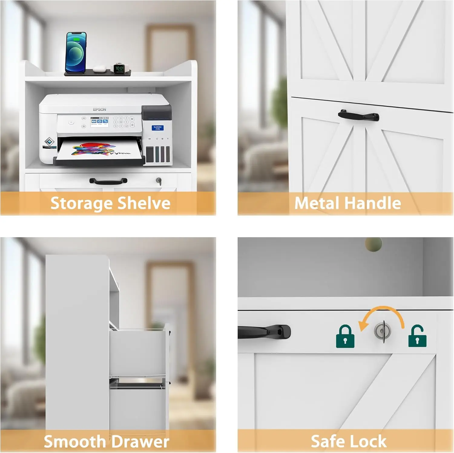 Lateral File Cabinet with Charging Station, Wood Filing Cabinet with Lock & LED Light, Large Storage Printer Stand for