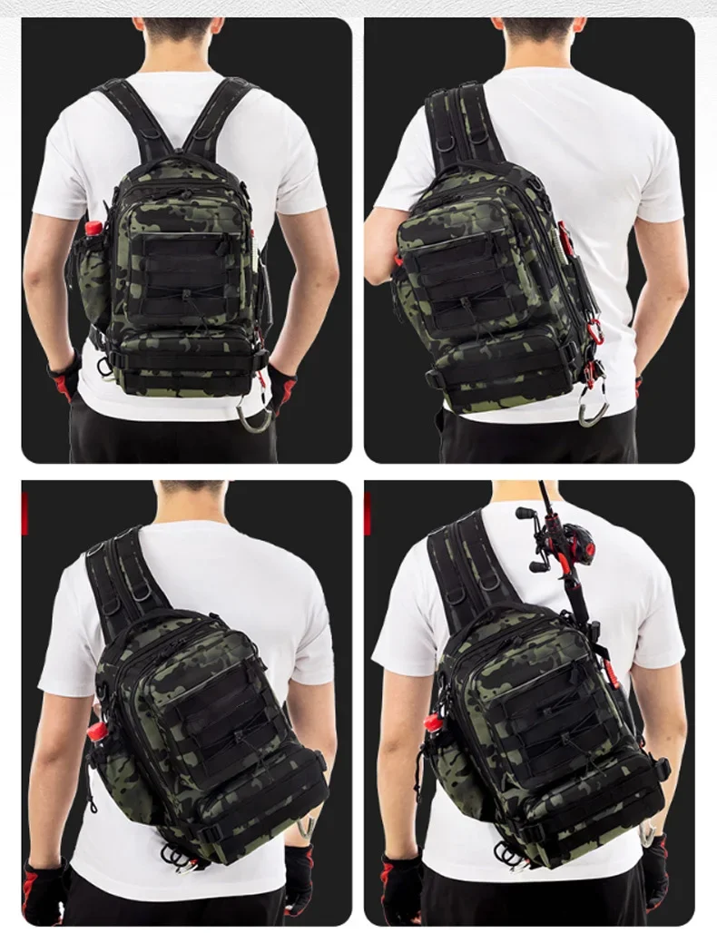 Angelrucksack Aufbewahrungstasche Herren Outdoor Schulter-Hängetasche für Angelköder und Ausrüstung mit Rutenhalter Camping Jagd – Detail 3