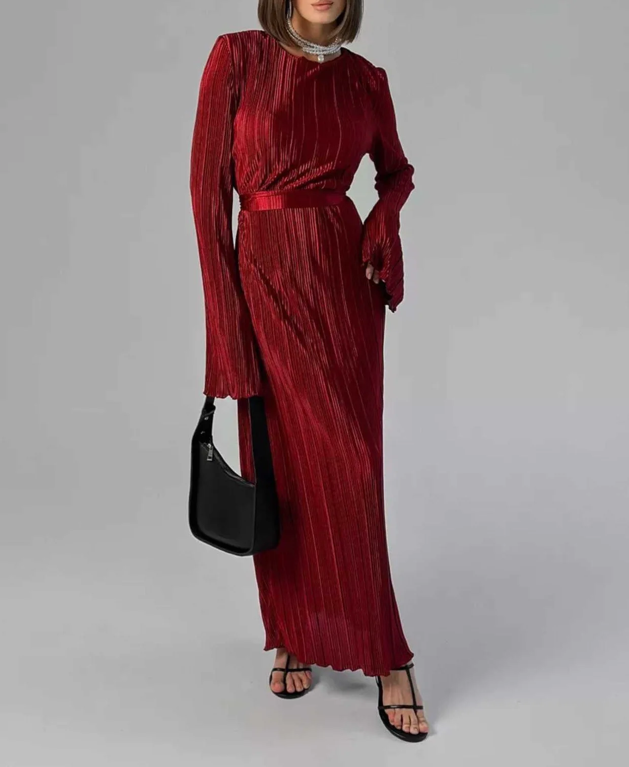 

Elegant Ruched Maxi Dress For Women Round Neck Flared Long Sleeve High Waist Temperament Dresses Female Fashion Vestidos Robes