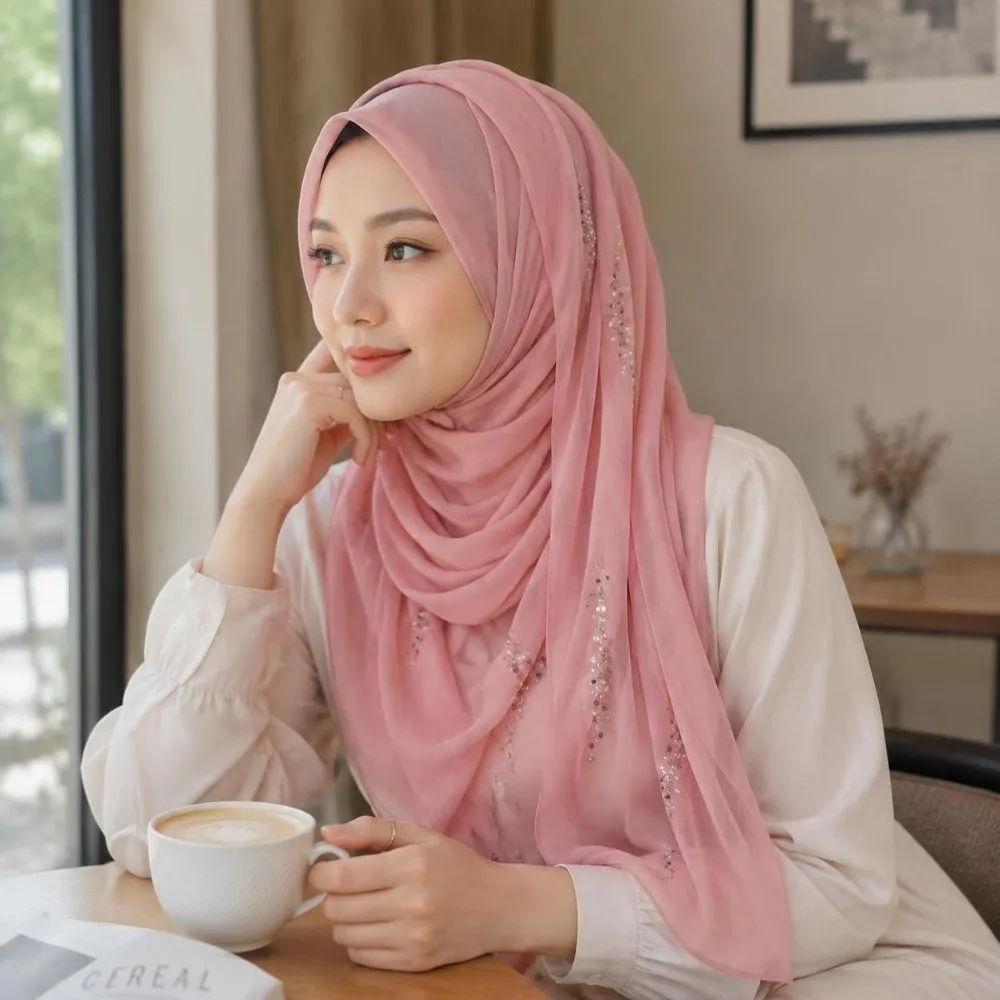 Rhinestone Imitation Pearl Chiffon Hijab Shimmer Beads Lightweight Malaysia Shawl Scarf Elegant Breathable Soft Head Wrap Women