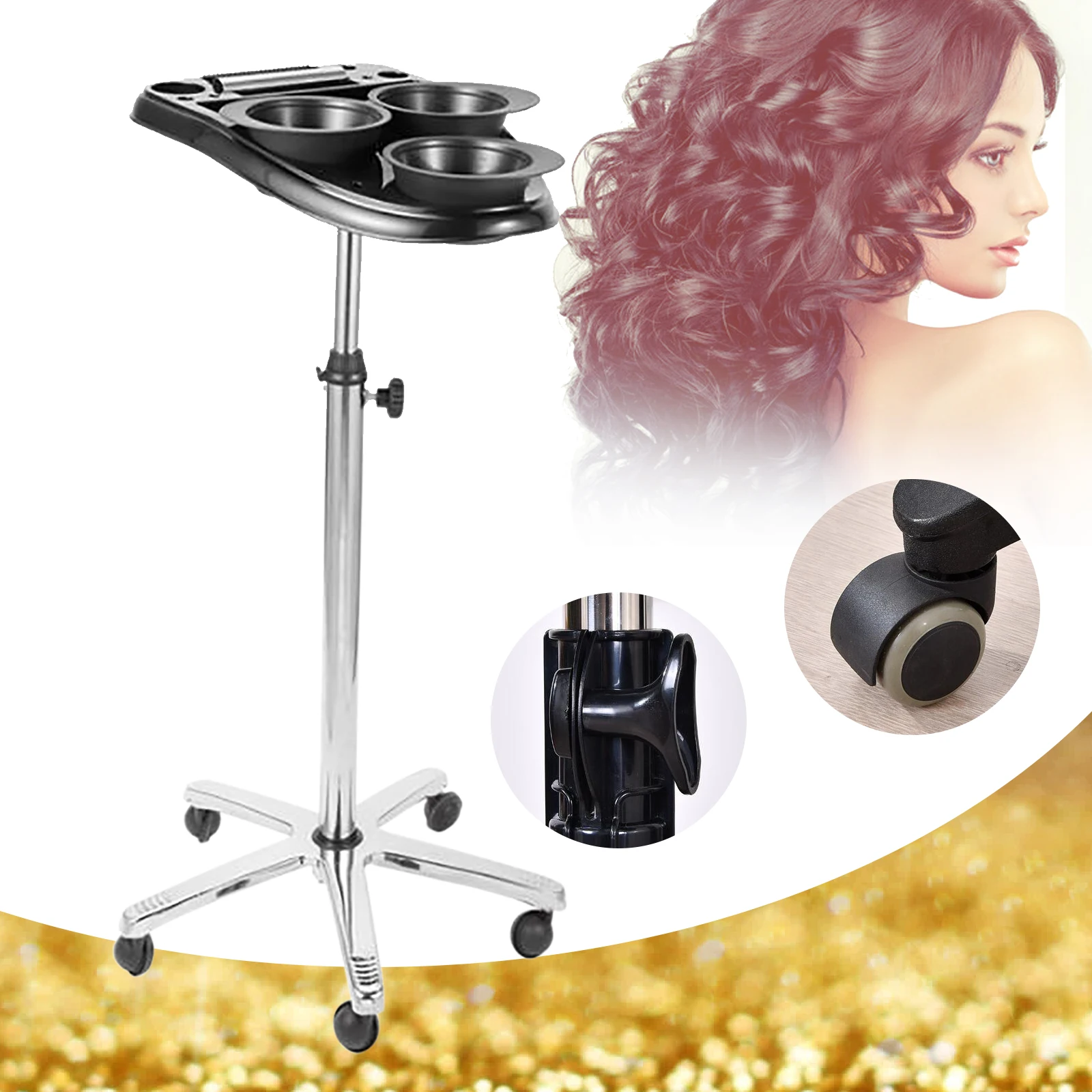 Hairdressing Trolley on Wheels 70-105 cm Adjustable with 3 Colouring Bowls for Hairdressing Salon Spa Hairdressing Trolley