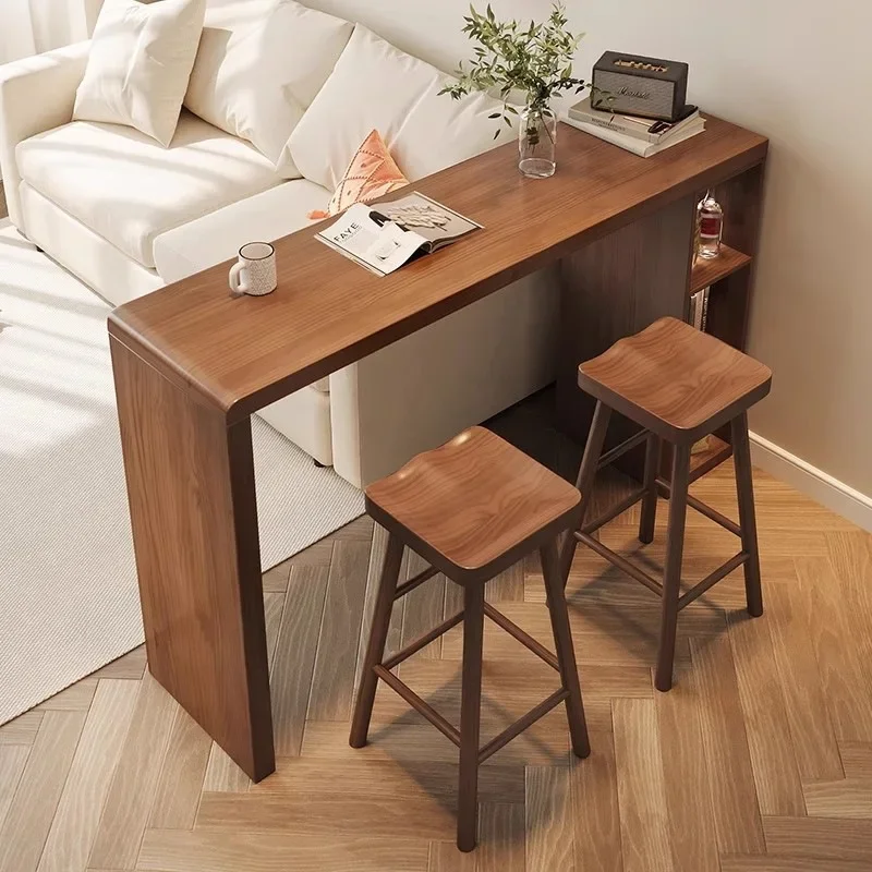 Retro walnut solid wood bar counter with storage cabinet Small apartment creative high-footed tea table Long table