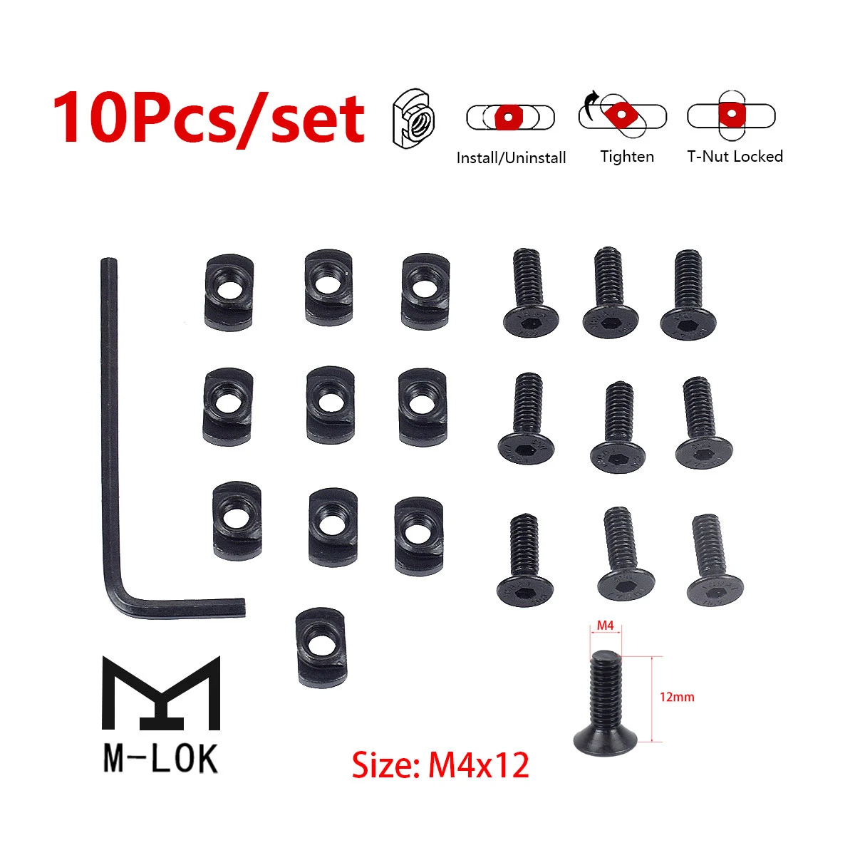 10Pcs M4 12 Thread M-LOK Screw And Nut Replacement Rails T-Nut Screw Set for MLOK Handguard Rail Sections Hunting Accessories