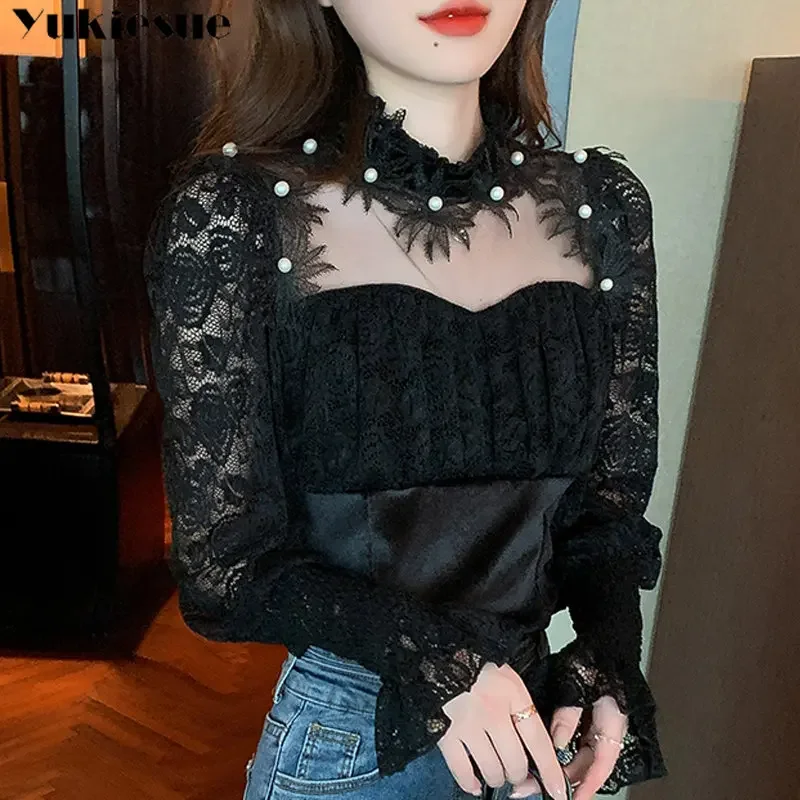 

Женская одежда, новые весенние кружевные женские топы с длинными рукавами, полые шифоновые кружевные блузки с рюшами для отдыха, рубашки, темперамент