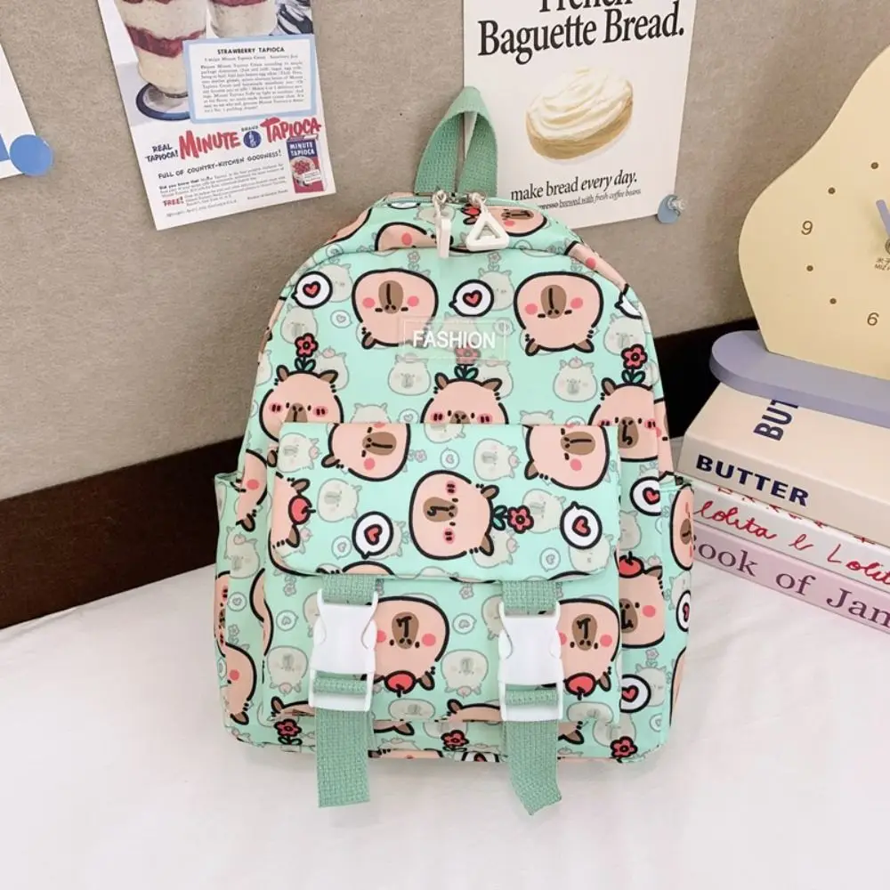 Mochila de nailon Capybara de gran capacidad, bolso escolar ligero con correas anchas para niños, estampado de estilo coreano