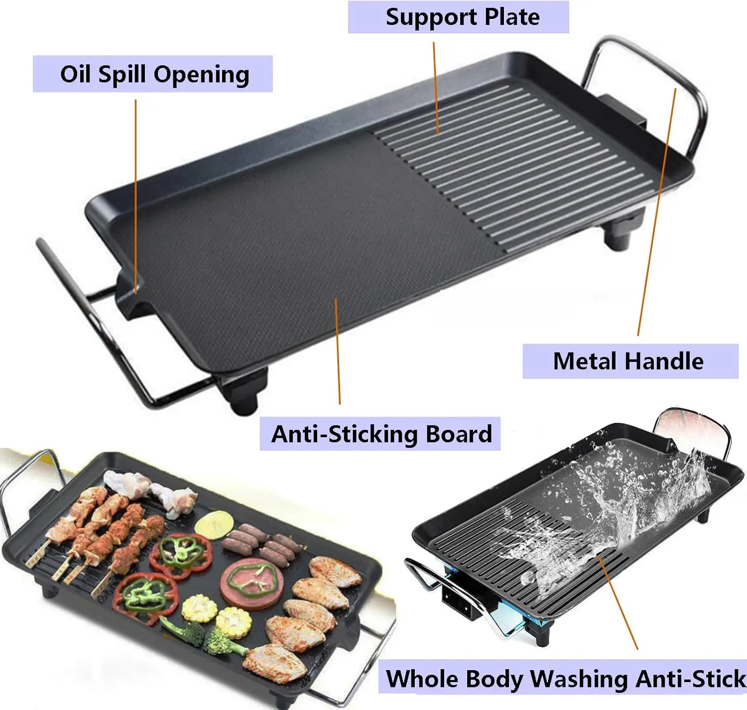 Electric Teppanyaki Grill Plate, Large Smokeless Table Top Grill Non-Stick Barbecue Hot Plate for Kitchen Camping Dinner Party