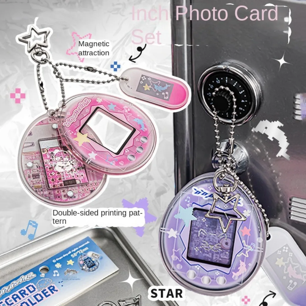 1 Inch Retro Photocard Holder Keychain Acrylic Card Display Case Cartoon Star Sweet Family Picture Cover Student Supplies