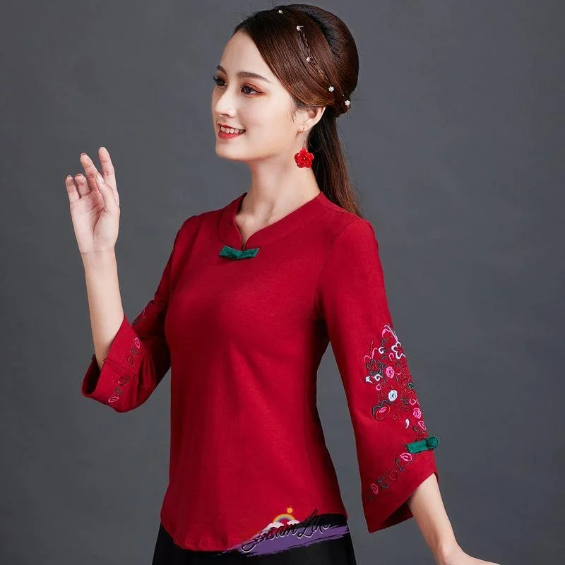 

Embroidered Stand Collar Seven Sleeve Women's T-shirt National Style New Fashion Retro Button Base Shirt Cotton Underwear
