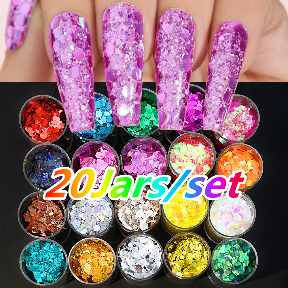 Net-5g*20Jars/SET Holographic Chunky Glitter 20-Colors Shinying Hexagon Nail Flakes Mixed-Size Laser Glitter Nail Sequins Kit