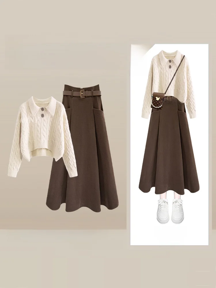 

Осенний вязаный комплект: кардиган и юбка, женский костюм-двойка R P Faion, винтажный, облегающий, в стиле Maturi, светлый