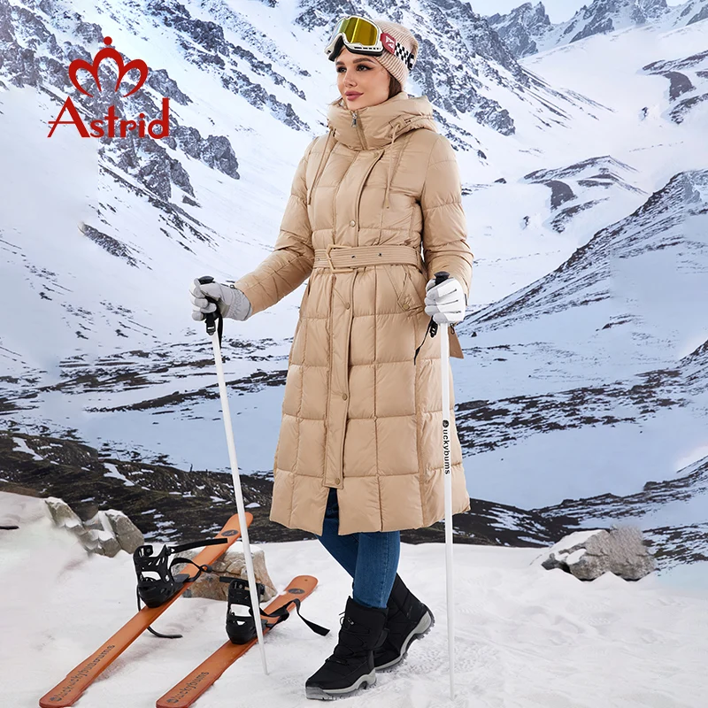 Astrid 2023 New Women\'s Winter Jacket Hooded Belt Long Parkas Warm Padding Puffer Plaid Quilted Coat Down Jacket Thick Snow Wear