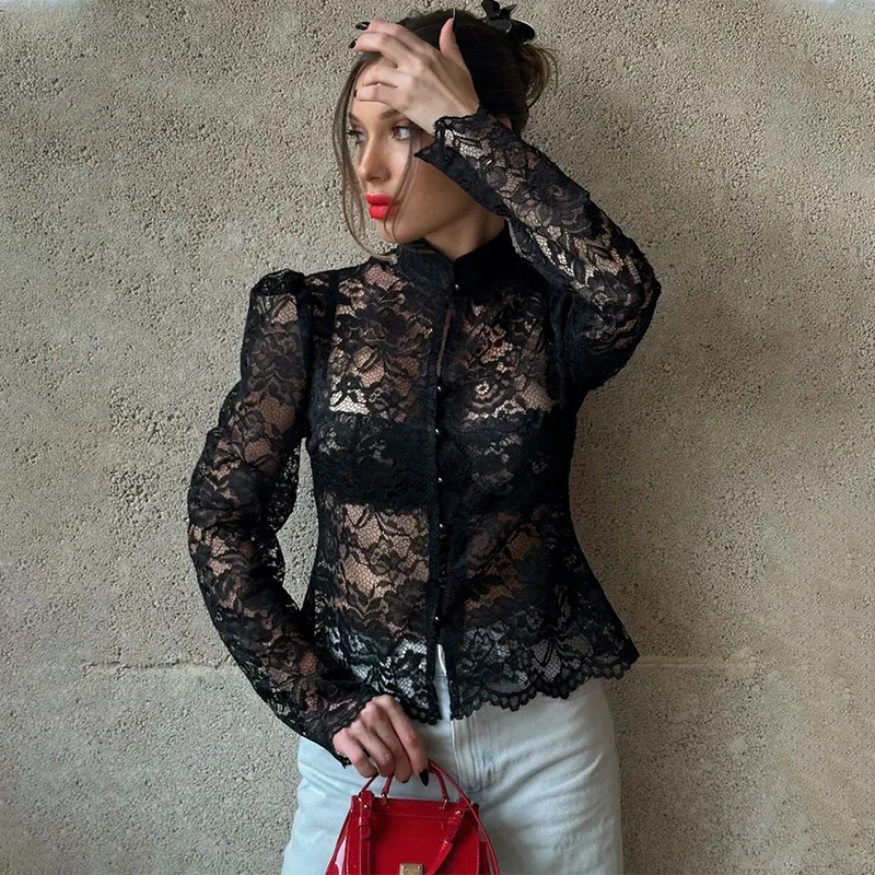 

Женская приталенная рубашка TARUXY с кружевными вставками, воротником-стойкой и пуговицами, ажурная, модная, для офиса, весна 2026, новинка, женский топ