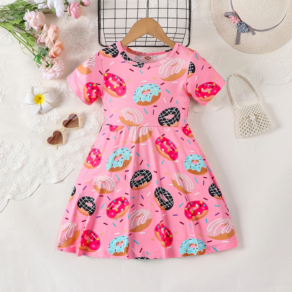 Pink Donut Print round Neck Short Sleeve Dress for Girls Cute Full Print Girl's Dress