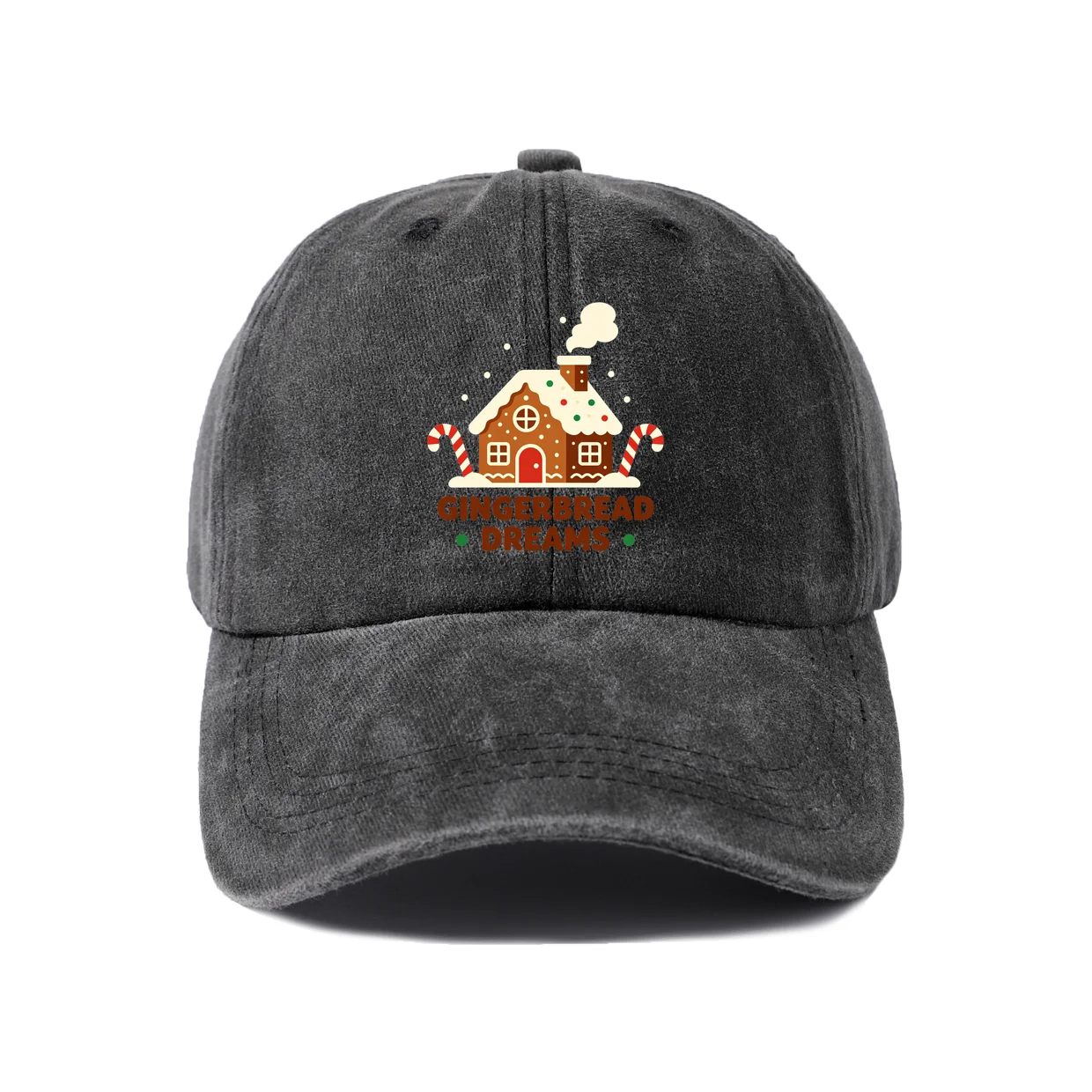 Gingerbread Dreams Graphic Vintage Washed Baseball Cap, Adjustable Unisex Dad Hat for Men and Women