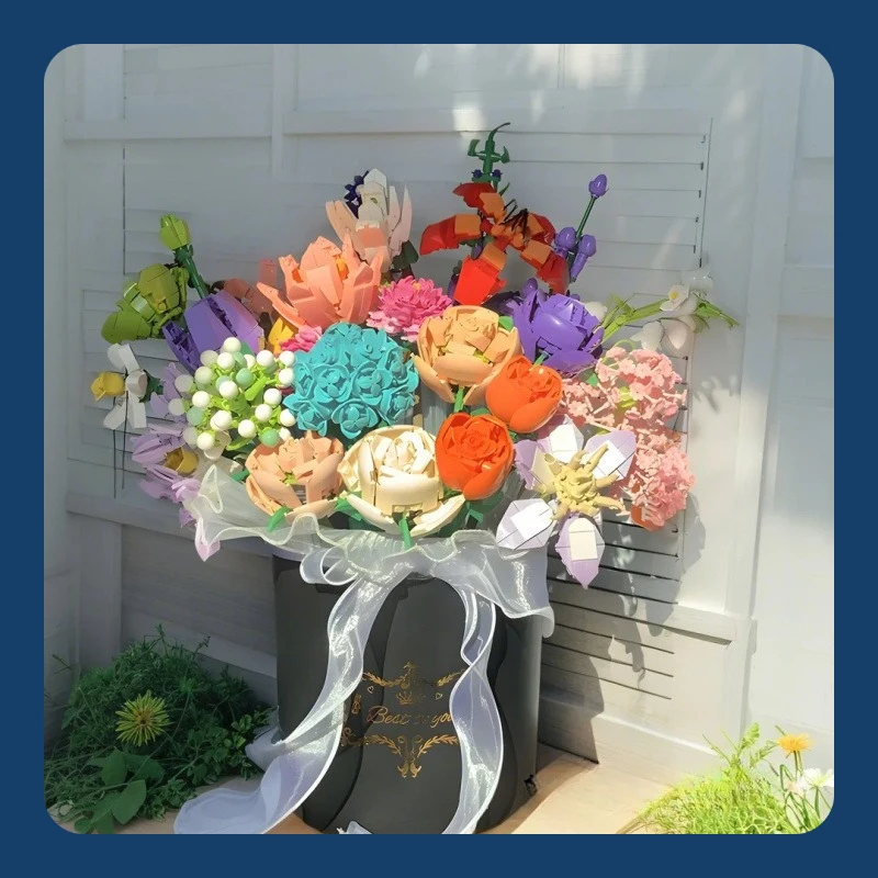 MOC 다양한 패션 꽃 꽃다발 꽃 빌딩 블록 세트 시뮬레이션 DIY 장미 인공 컬렉션 발렌타인 데이 소녀 선물