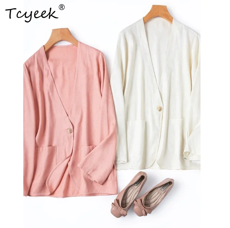 Tcyeek 100% Real Mulberry Silk Woman Tops 2026 Spring High-quality Commuting V-neck Loose Suit Clothes for Woman Roupas Feminina