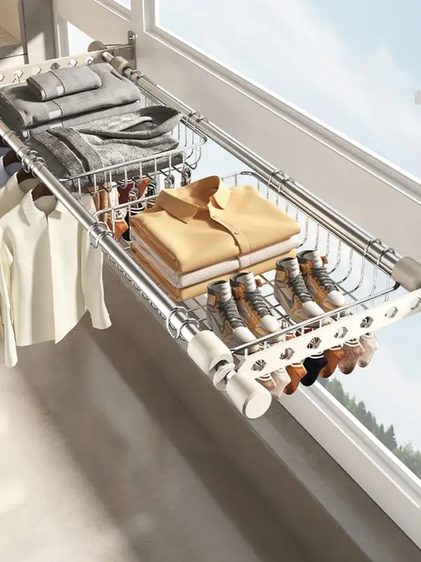 

Cream White Balcony Clothes Rack No Drill Window Mount Expandable Drying Net for Socks