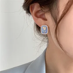 Korea Geometric Blue Square Stud Earrings Elegant Imitation Pearl Opal Tulip Earrings Women's 2025 Fashion Jewelry Gift