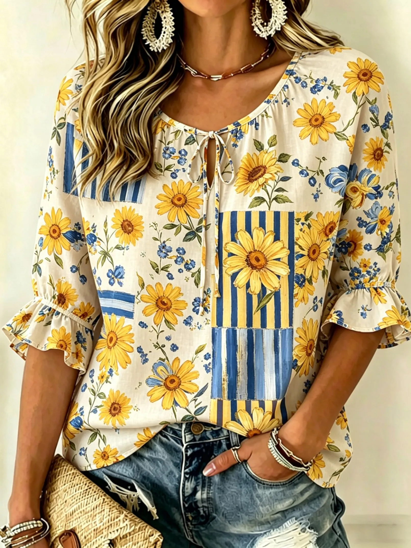 

Women's Sunflower & Stripe Print Tie Front Blouse, Casual Loose Top for Spring Summer Daily Wear