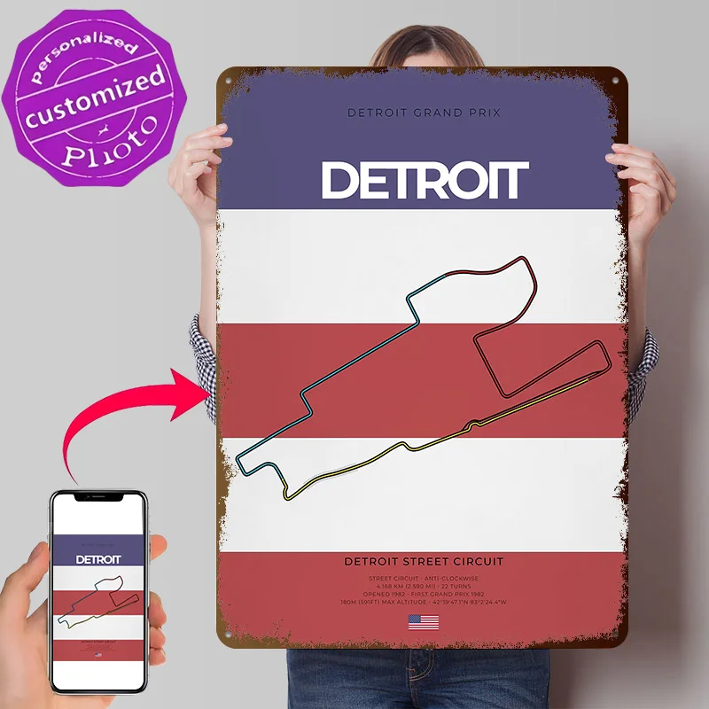 Detroit F-Racing Circuit Personalized 3D Textured Metal Poster Wall Art Tinplate Sign for Office Decoration Room Desk Decor Home