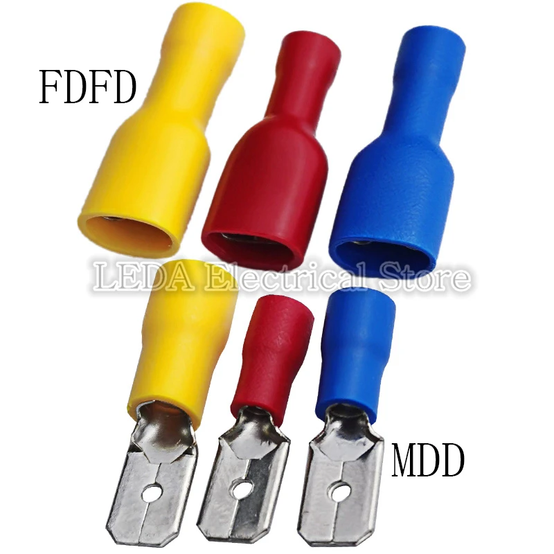 100PCS FDFD FDD MDD 1.25-250 2.5-250 5-250 Female Male Insulated Electrical Crimp Terminal Connectors Cable Wire Connector