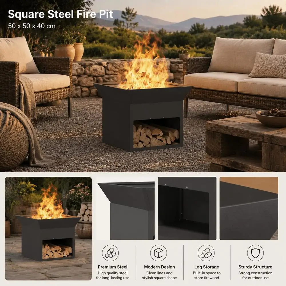 Braciere quadrato da esterno, 50 x 50 x 40 cm, in acciaio, per patio, braciere nero per riscaldamento esterno, ideale per giardino, terrazza e balcone, struttura stabile, stile moderno.
