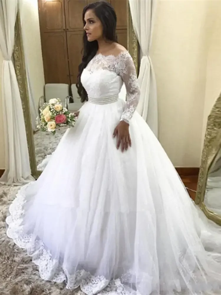 Dostosowane klasyczne suknie ślubne z suknią balową pociąg typu Sweep Princess Illusion długie rękawy aplikacja suknie ślubne Robe De Mariage