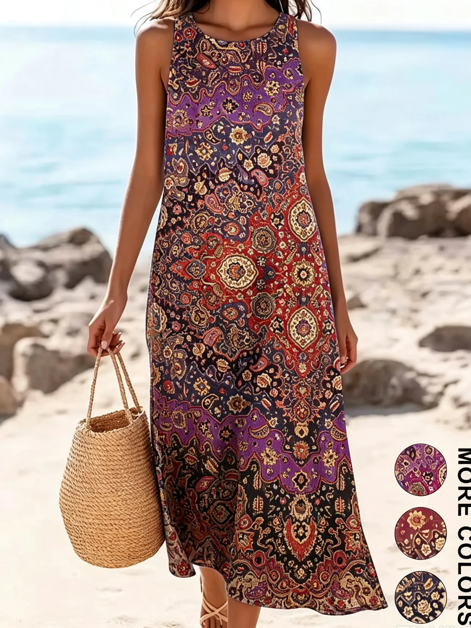 2026 Women's Casual Dresses Round Neck Boho Ethnic Style Vintage Casual Short Dresses Beach Vacation Sleeveless Loose Tank Dress