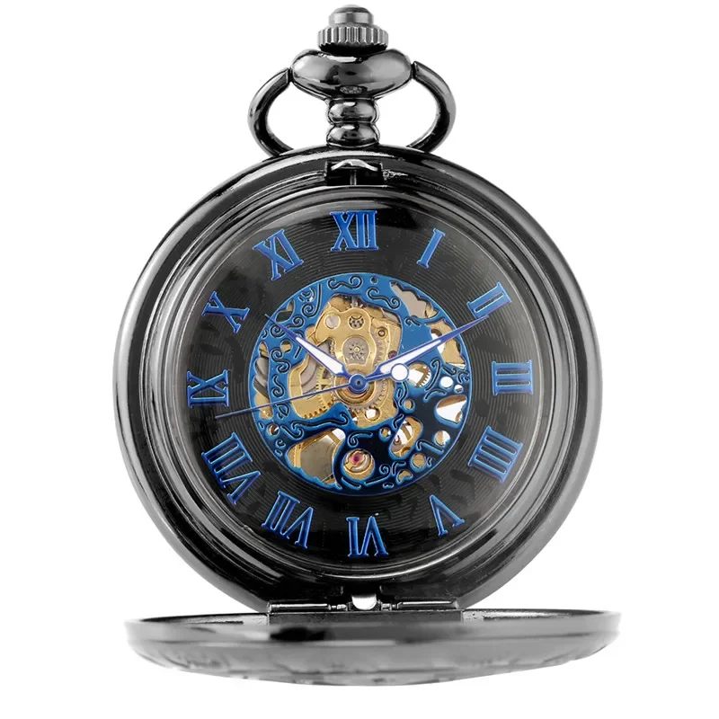 Antique Black Hollow Rhombus Case Hand Winding Mechanical Pocket Watch for Men Women Skeleton Dial Fob Chain Antique Timepiece