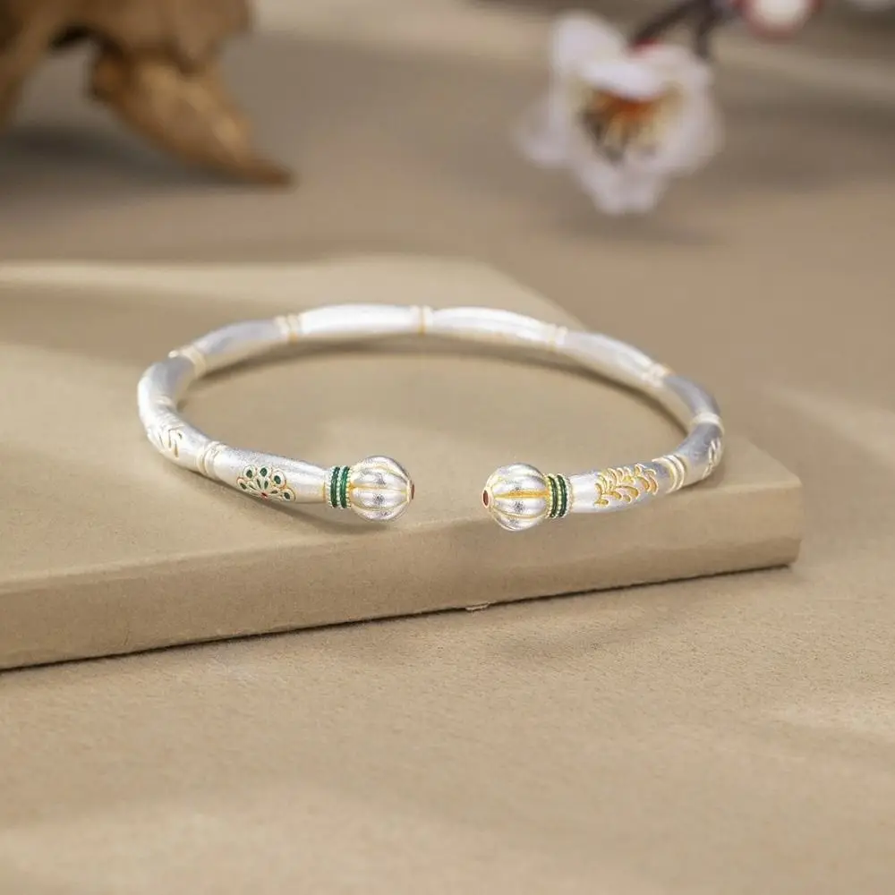 

Chinese Painted Gold Women's Enamel Color Bracelet Solid Treasure Phase Flower Slub Pumpkin Opening Bangles Plated White Copper
