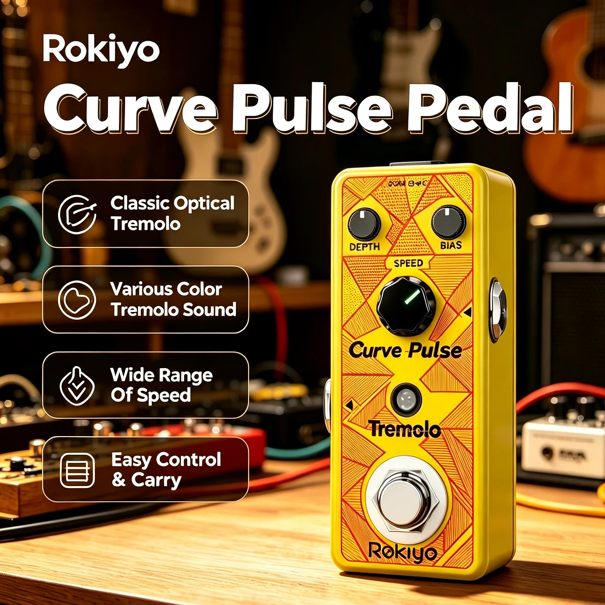 Rokiyo Curve Pulse Tremolo Guitar Pedal Classic Optical Tremolo Effect Pedal Wide Speed Depth Range Mini Trelicopter Synthesizer
