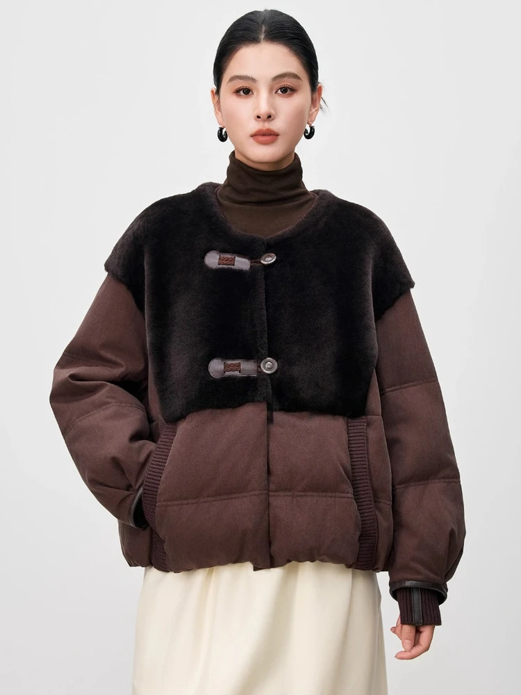 

High-end Luxury Patchwork Merino Sheep Fur Down Jackets for Women 2026 New Simple O-neck Short Winter Real Fur Goose Down Coat