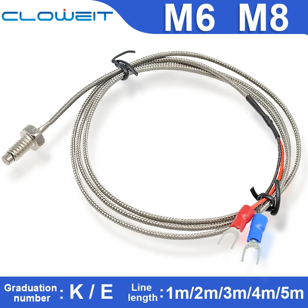 Cloweit Thermocouple Thread M6 M8 Screw Type K/T/PT100 1/2/3/4/5m Probe Sensor Temperature Sensor 0-400°C Temperature Controller