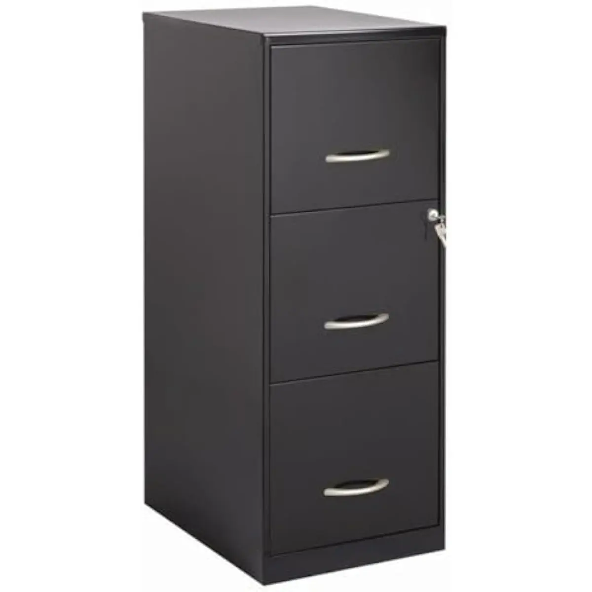 Three-drawer vertical file cabinet in black metal finish measuring 35.5 inches tall with letter-size drawer capacity ideal for c