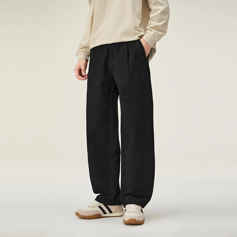 

American Style Casual Pants Men's Cotton Wide Leg Simple Straight Loose Long Trousers Comfortable Fashion Workwear Autumn