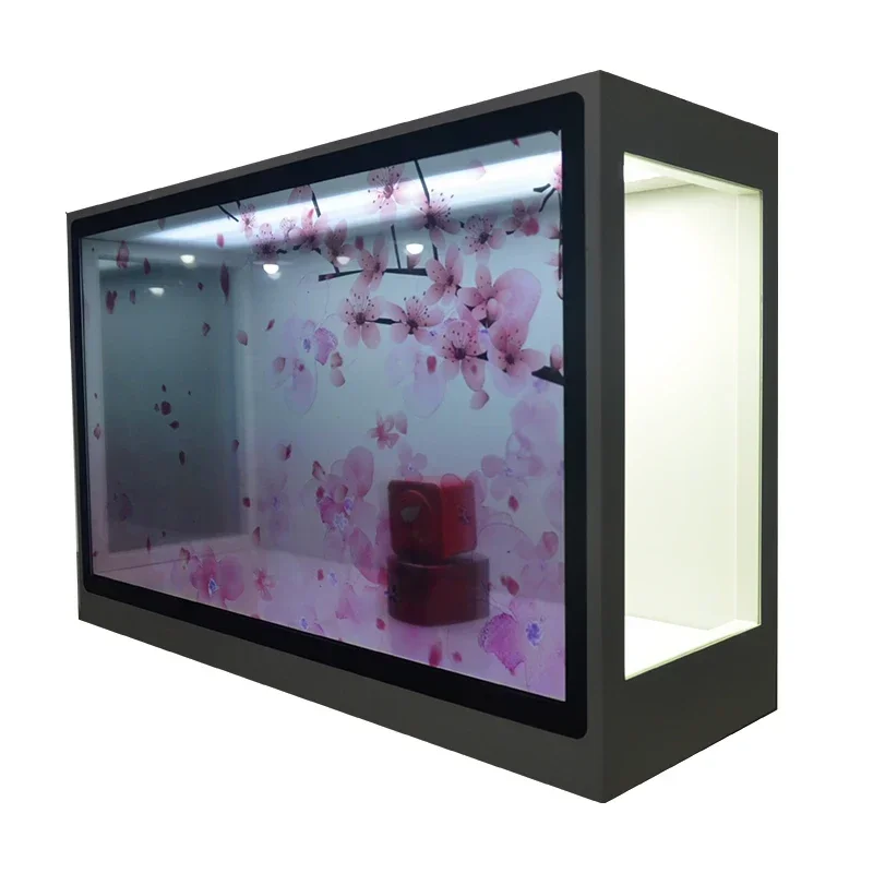 Benutzer definierte 3d lcd werbung display full hd sehen durch transparente lcd schrank wifi transparente lcd vitrine box