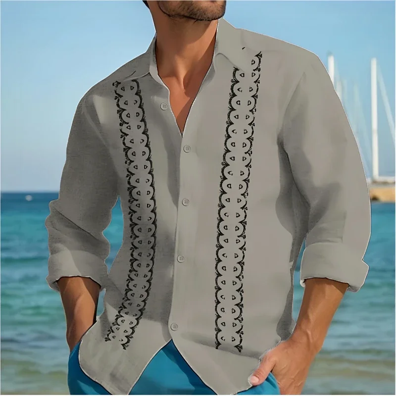 2024 Men\'s Hawaiian Shirt Long Sleeve Vacation Outdoor Beach Wear Loose Fit Casual Linen Material Comfortable Fabric XS-6XL