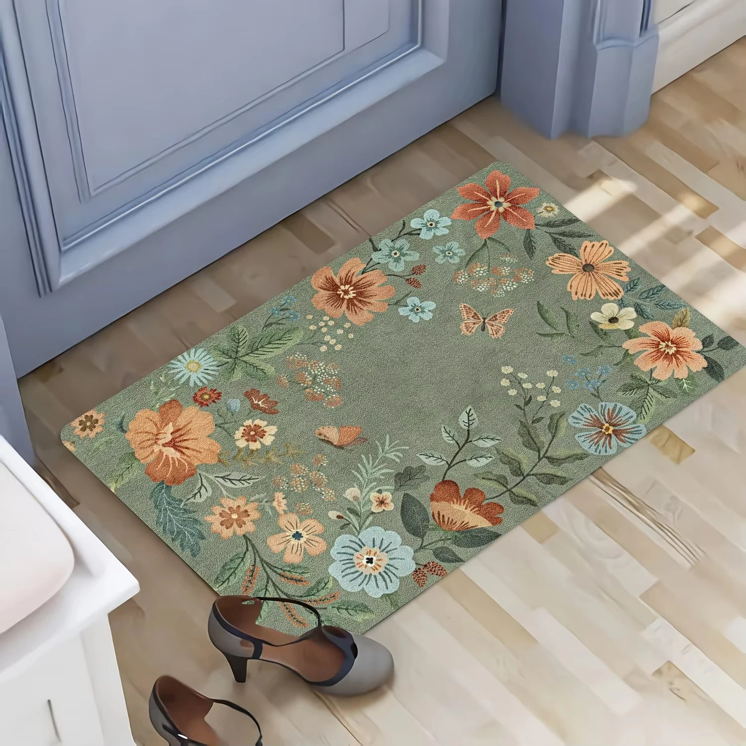 VIKAMA Flannel carpet, soft mat, green floral pattern design, suitable for dining room, living room, bedroom and entrance areas.