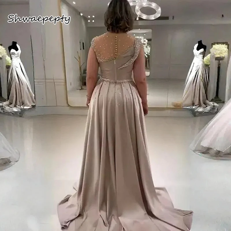 Elegant Champagne Long Mother Formal Dress Beaded Sheer Illusion Neck Straight Satin Wedding Party Dress With Detachable Train