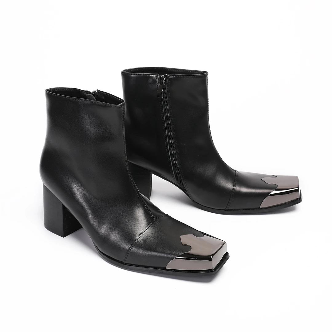 Black Men's Chelsea Boots, Metal Square-Toe Dress Boots, Solid-Color Genuine Leather, Handcrafted Fall Shoes - view 2