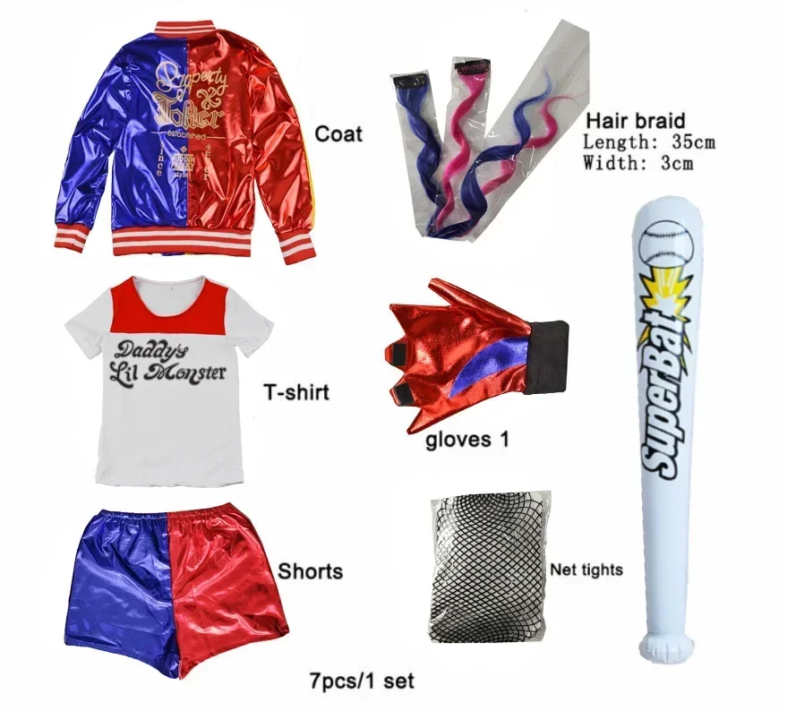 Kostum COSPLAY anak-anak perempuan quinzel jaket gaun pesta ชุดฮาโลวีน Fantasia arlequina ชุด Baju kelelawar bisbol